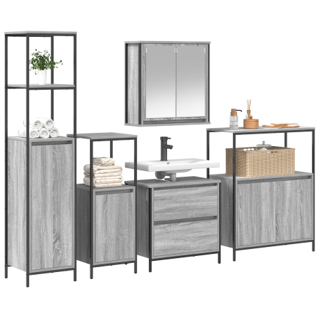 vidaXL Badkamermeubelset met plank met opslag 5 pcs Grijs Bewerkt hout afbeelding3 - 1