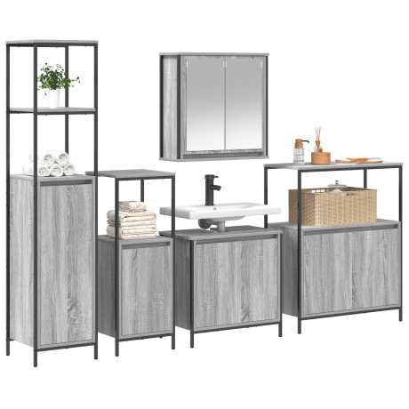 vidaXL Badkamermeubelset 5 pcs Grijs Sonoma en Zwart Bewerkt hout afbeelding3 - 1