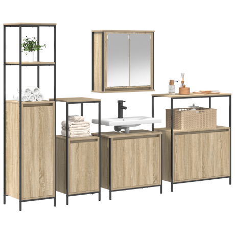 vidaXL Badkamermeubelset 5 pcs Sonoma Eiken en Zwart Bewerkt hout afbeelding3 - 1
