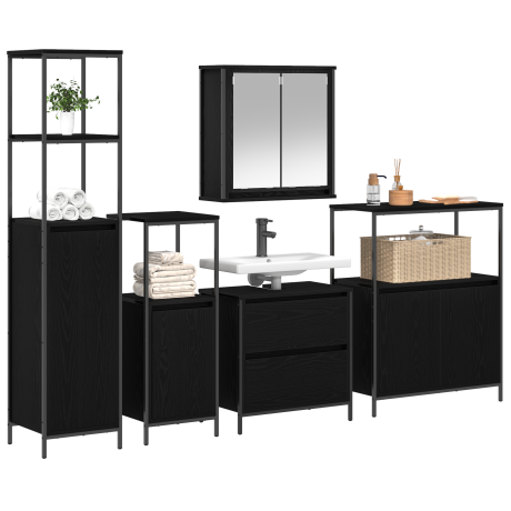 vidaXL Badkamermeubelset met plank met opslag 5 pcs Zwart Bewerkt hout afbeelding3 - 1