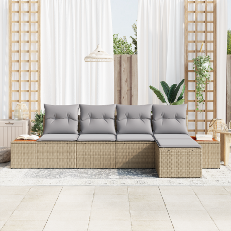 vidaXL 5-delige ligbedset met kussens - Beige Poly Rattan en Acacia afbeelding3 - 1
