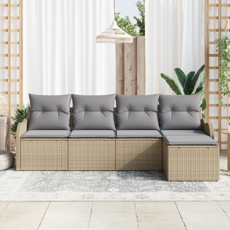 vidaXL 5-delige ligbedset met kussens in beige poly rattan afbeelding3 - 1