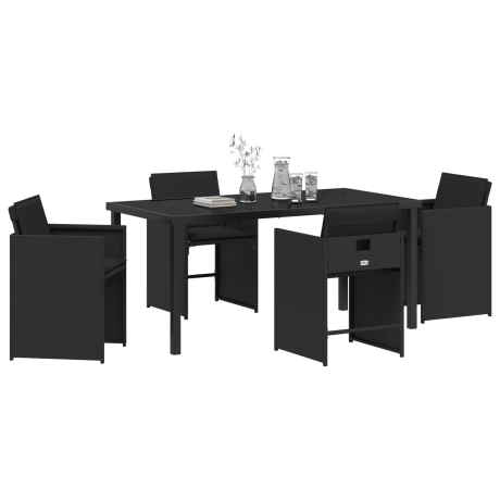 vidaXL 5-delige Tuin Eettafel Set met Kussens Zwart Poly Rattan afbeelding3 - 1