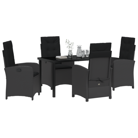 vidaXL 5-delige Tuin Eettafel Set met Kussens Zwart Poly Rattan afbeelding3 - 1
