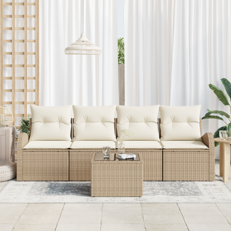 vidaXL 5-delige tuinbankset met kussens - Beige Poly Rattan afbeelding3 - 1