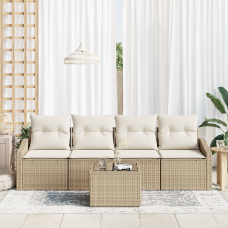 vidaXL Bankstel met kussen met opslag 5 pcs Beige en Crème poly rattan afbeelding3 - 1