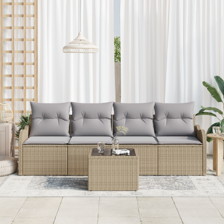 vidaXL Tuin Sofa Set 5 pcs Beige en Grijs Poly rattan, staal en glas afbeelding3 - 1
