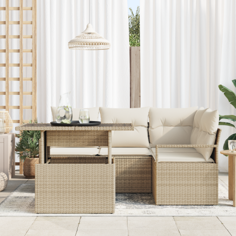 vidaXL 5-delige tuinset met kussens in beige poly rattan afbeelding3 - 1