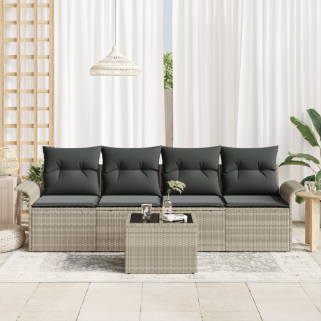vidaXL Bankstel met kussen 5 pcs Lichtgrijs poly rattan afbeelding3 - 1