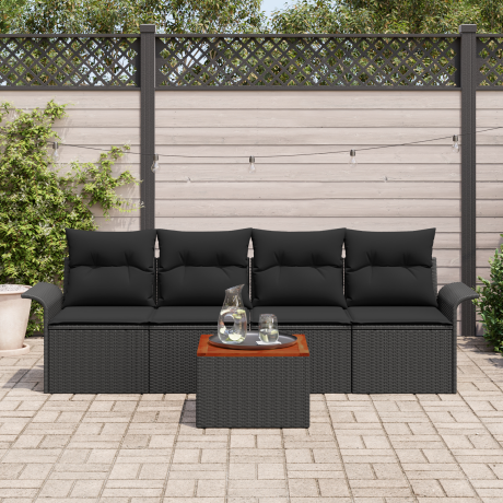 vidaXL 5-delige tuinset met kussens, zwart poly rattan en acacia afbeelding3 - 1