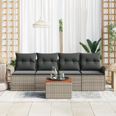 vidaXL 5-delige tuinsofa-set met kussens - Grijs - Poly Rattan - Acacia afbeelding3 - 1