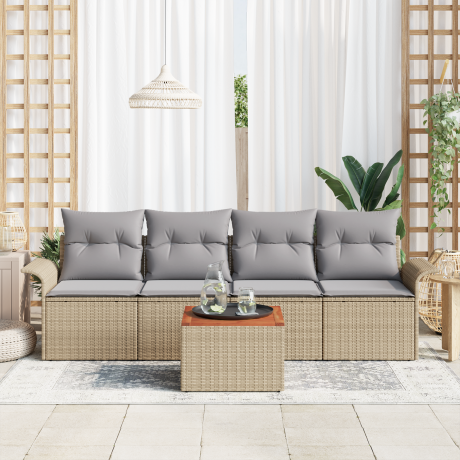 vidaXL 5-delige tuinsofa set met kussens in beige, poly rattan en acacia afbeelding3 - 1