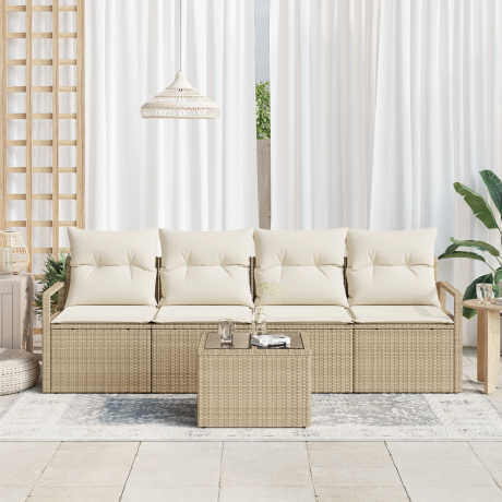 vidaXL 5-delige tuinsofa set met kussens in Beige van poly rattan afbeelding3 - 1
