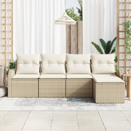vidaXL Bankstel met kussen met opslag 5 pcs Beige en Wit poly rattan afbeelding3 - 1