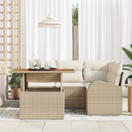 vidaXL 5-persoontjes Tuin Eetset met Kussens Beige Poly Rattan Acacia afbeelding3 - 1