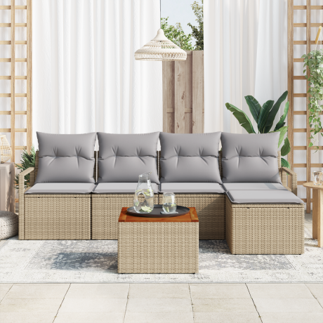 vidaXL 6-delige ligbed set met kussens Beige Poly Rattan Acacia afbeelding3 - 1