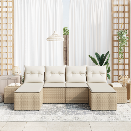 vidaXL 6-delige ligbed set met kussens in beige poly rattan afbeelding3 - 1
