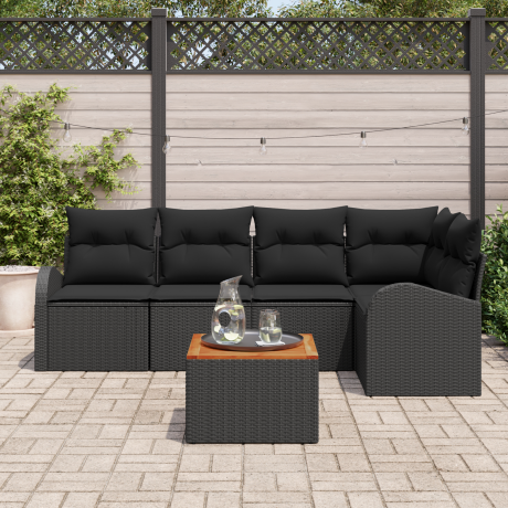 vidaXL 6-delige Ligbed Set met Kussens Zwart Poly Riet Acacia afbeelding3 - 1