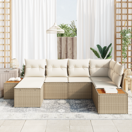 vidaXL 6-delige ligbedset met kussens in beige poly rattan en acacia afbeelding3 - 1