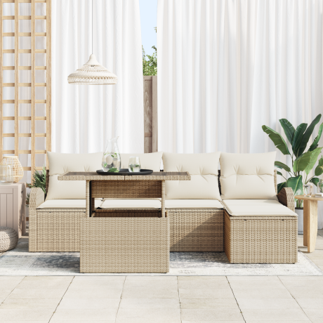 vidaXL 6-delige Tuin Sofa Set met Kussens Beige Poly Riet afbeelding3 - 1