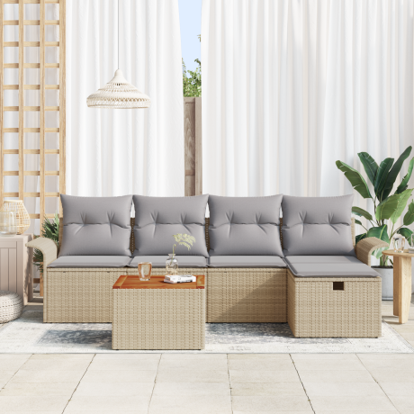 vidaXL 6-delige tuinbankset met kussens - Beige Poly Rattan afbeelding3 - 1