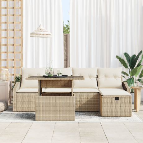 vidaXL 6-delige tuinbankset met kussens in beige poly rattan afbeelding3 - 1