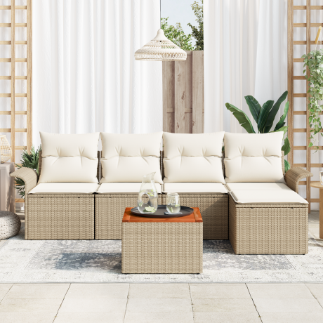 vidaXL 6-delige Tuinset met Kussens Beige Poly Rattan Acacia afbeelding3 - 1