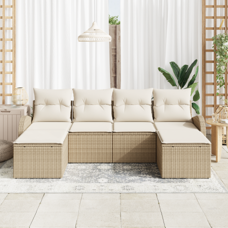 vidaXL Bankstel met kussen met opslag 6 pcs Beige en Wit poly rattan afbeelding3 - 1