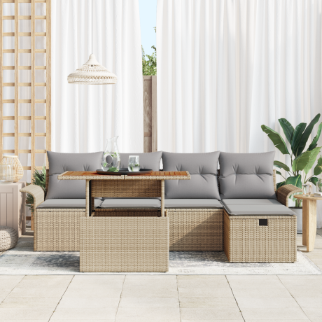 vidaXL 6-delige Tuinset met Kussens Beige Poly Rattan afbeelding3 - 1