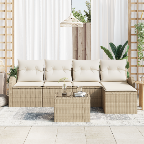 vidaXL Bankstel met kussen met opslag 6 pcs Beige en Wit poly rattan afbeelding3 - 1