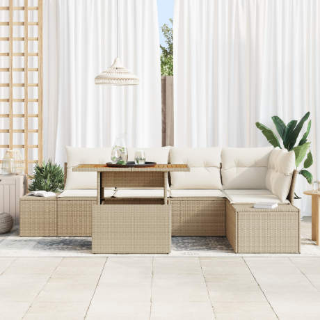 vidaXL 6-delige Tuinset met Kussens in Beige van Poly Rattan en Acacia afbeelding3 - 1