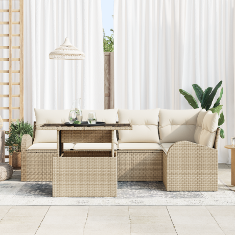 vidaXL 6-delige tuinset met kussens in beige van poly rattan afbeelding3 - 1