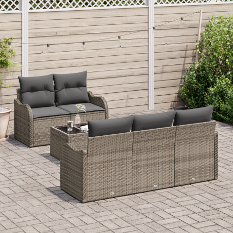 vidaXL Tuin Sofa Set met kussen 6 pcs Grijs Poly rattan, staal en glas afbeelding3 - 1