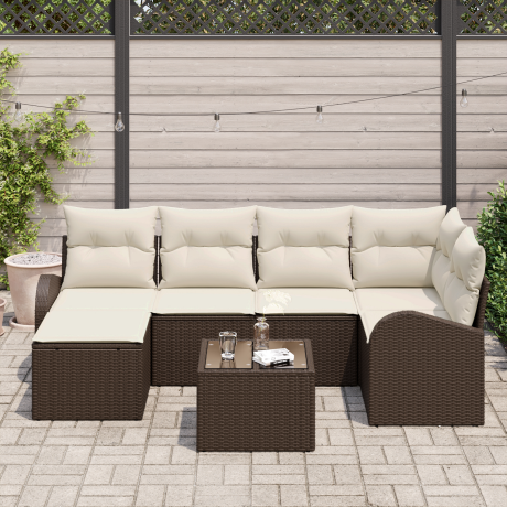 vidaXL Bankstel met kussen met opslag 7 pcs Bruin en wit poly rattan afbeelding3 - 1