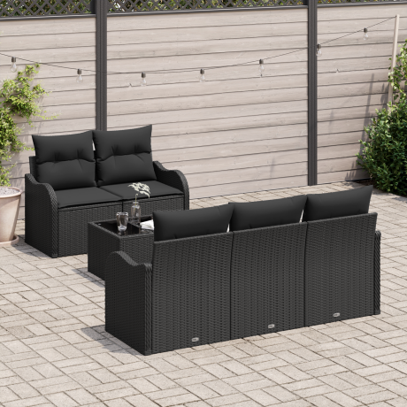 vidaXL Tuin Sofa Set met kussen 6 pcs Zwart Poly rattan, staal en glas afbeelding3 - 1
