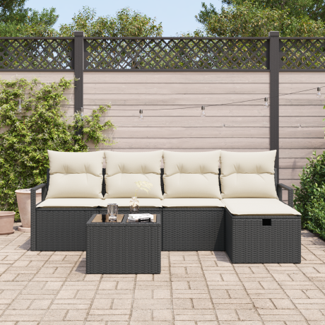 vidaXL Bankstel met kussen met opslag 6 pcs Zwart en Crème poly rattan afbeelding3 - 1