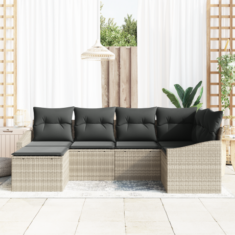 vidaXL 6-delige tuinset met tafel en stoelen inclusief kussens in lichtgrijs poly rattan afbeelding3 - 1