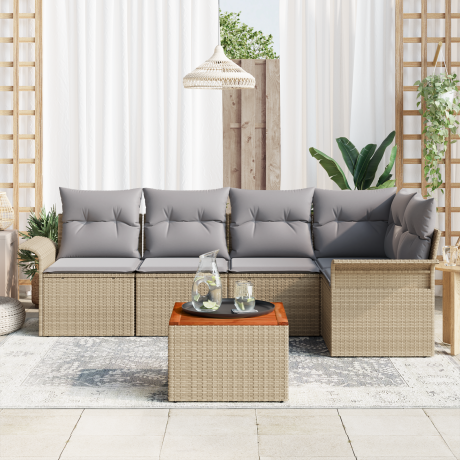 vidaXL 6-delige tuinsofa set met beige kussens van poly rattan en acacia afbeelding3 - 1