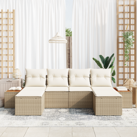 vidaXL 6-delige tuinsofa set met kussens - beige poly riet en acacia afbeelding3 - 1