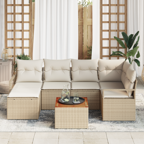 vidaXL 7-delige ligbed set met kussens Beige Poly Rattan Acacia afbeelding3 - 1