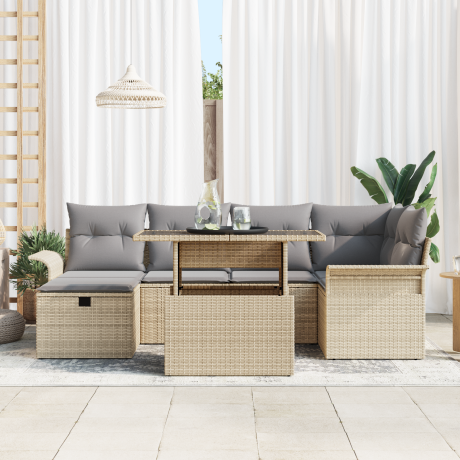 vidaXL 7-delige ligbed set met kussens in beige poly rattan afbeelding3 - 1