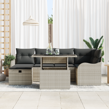 vidaXL 7-delige ligbed set met kussens lichtgrijs poly rattan afbeelding3 - 1