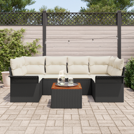 vidaXL 7-delige ligbed set met kussens zwart poly rattan acacia afbeelding3 - 1