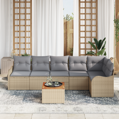 vidaXL 7-delige Ligbedset met Kussens Beige Poly Rattan Acacia afbeelding3 - 1