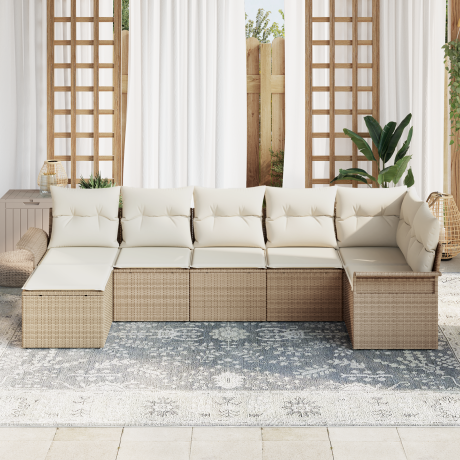 vidaXL 7-delige ligbedset met kussens in beige poly rattan afbeelding3 - 1