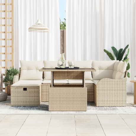 vidaXL 7-delige ligbedset met kussens in beige poly-riet afbeelding3 - 1