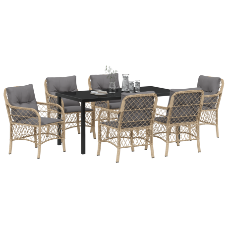 vidaXL 7-delige tuin eetset met kussens in Beige Poly Rattan afbeelding3 - 1