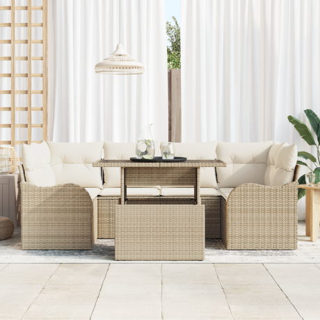 vidaXL 7-delige Tuinbank Set met Kussens Beige Poly Rattan afbeelding3 - 1