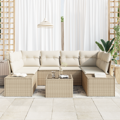 vidaXL 7-delige tuinbank set met kussens in beige poly rattan afbeelding3 - 1