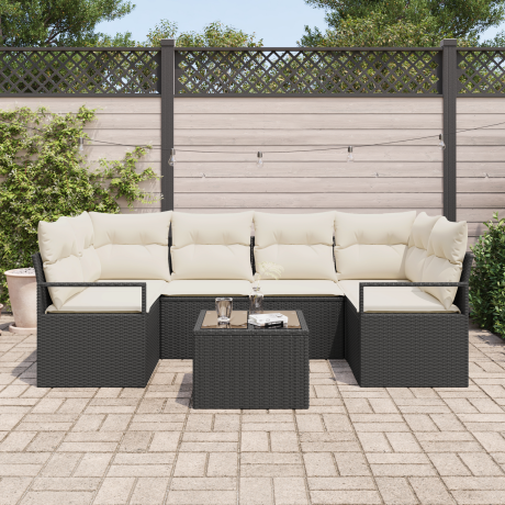 vidaXL Bankstel met kussen 7 pcs Zwart en Crème poly rattan afbeelding3 - 1